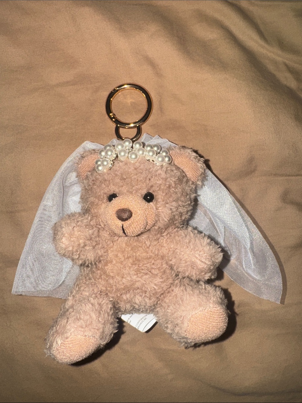 Bride Plush Teddy Bear Keychain with Pearl Headband and Veil - Light Brown